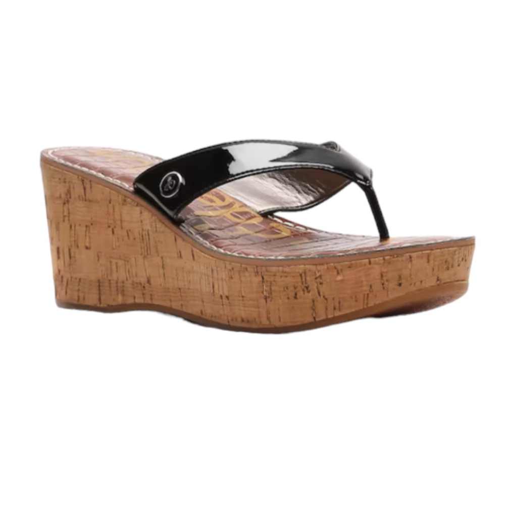 NEW! Sam Edelman Platform Romy Thong Sandals Cork Wedge Black Patent Straps Sz 9